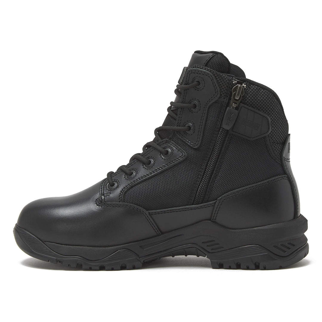 Black waterproof boot side view with zipper tab and padded heel collar