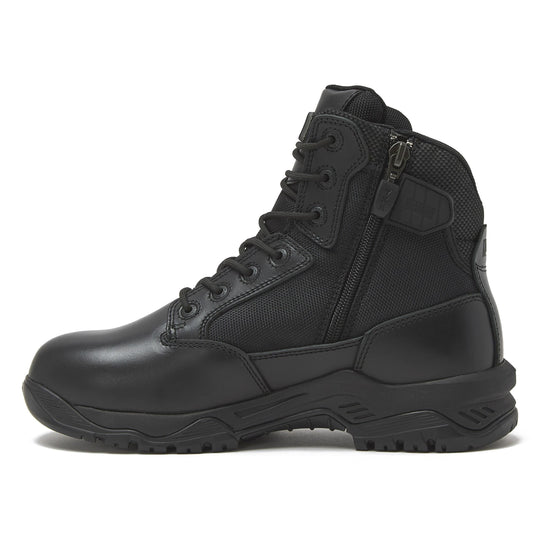 Black waterproof boot side view with zipper tab and padded heel collar
