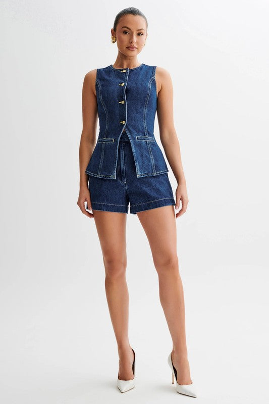 Blue denim 2-piece: sleeveless button-front vest and matching shorts