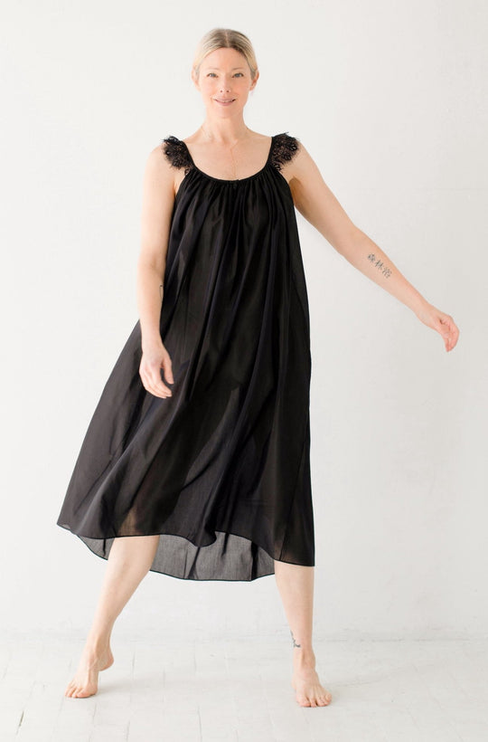 Black long gown with lace-trim straps, gathered bodice, airy A-line skirt
