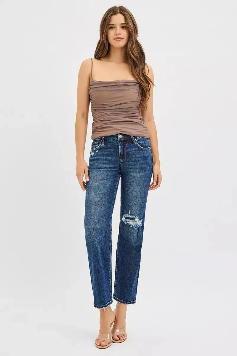 High-rise crop slim straight RISEN jeans in dark blue with distressed knee patch