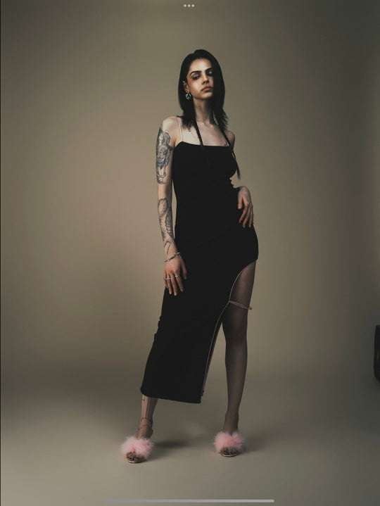 Gao cutout maxi dress, black long column with leg slit and pink-trim cutout side