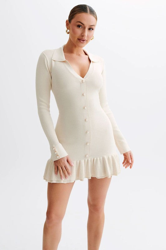 WOMEN sweater mini dress in cream, V-neck with button front and ruffled skirt hem