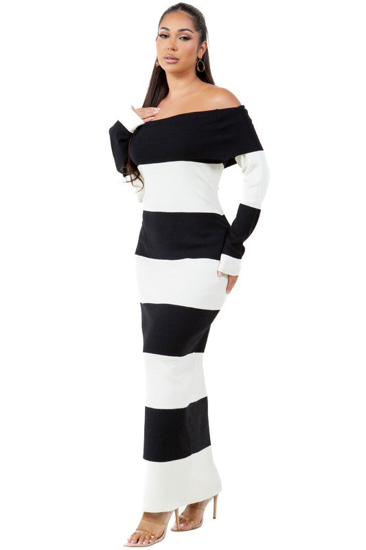 Off-shoulder long maxi knit dress with black and white horizontal stripes