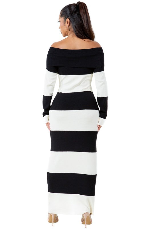 Back view long maxi knit dress in black and white stripes, off-shoulder