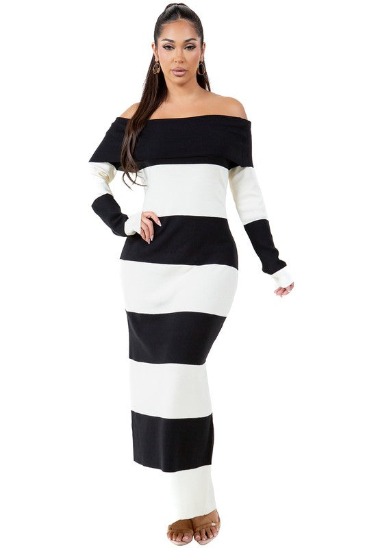 Long fitted maxi knit dress in black and white stripes, off-shoulder design