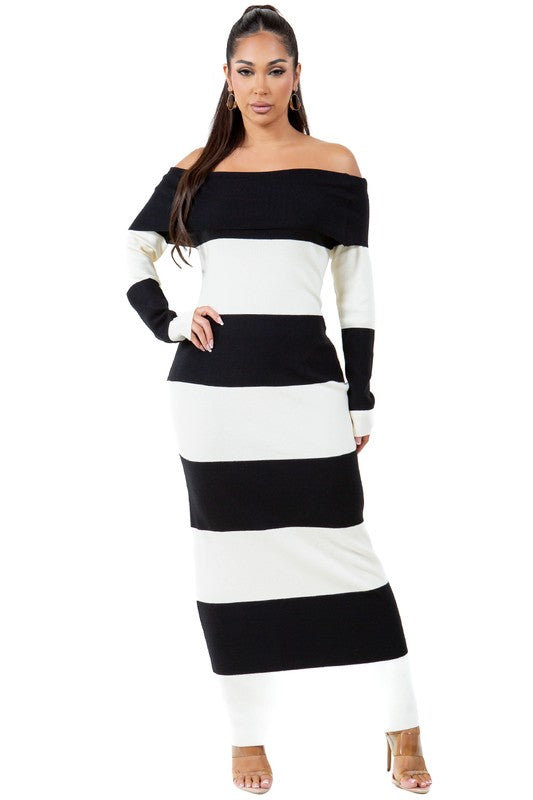 Black and white striped long maxi knit dress, off-shoulder with long sleeves