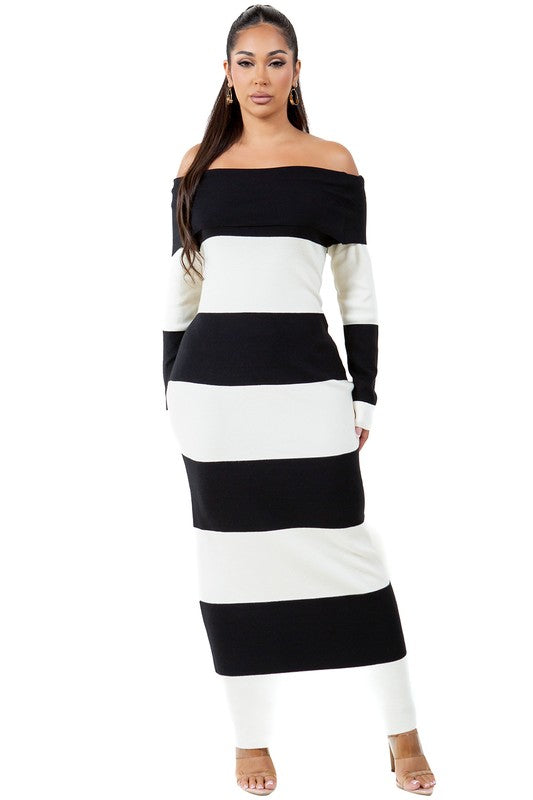 Long maxi knit dress in black and white stripes, off-shoulder neckline
