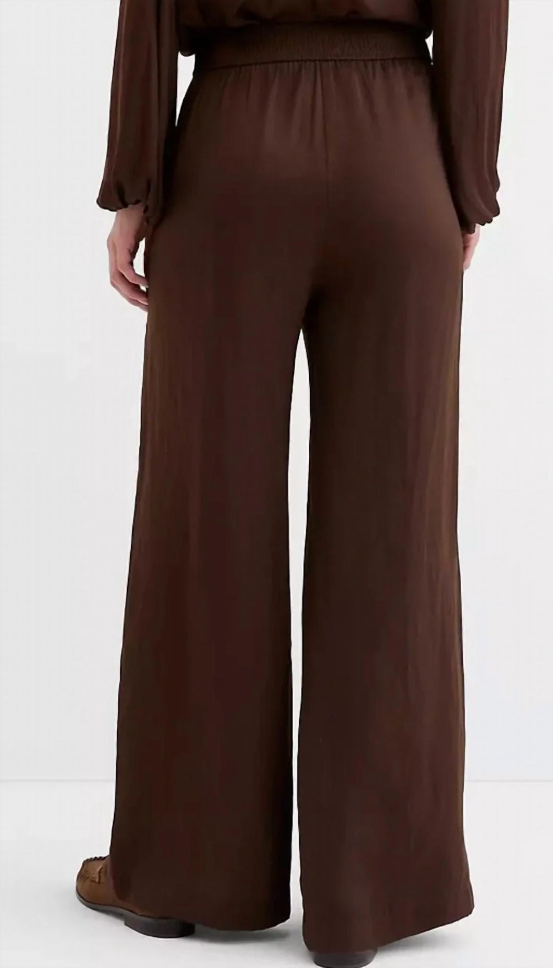 Brown satin wide-leg pull-on pants with loose straight legs