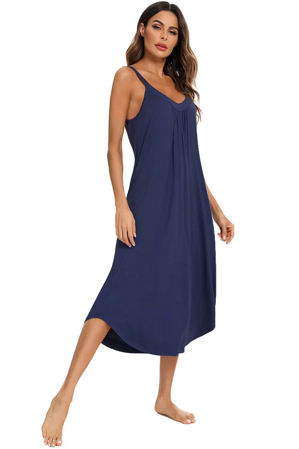 Dark blue V-neck midi lounge dress with flowing skirt, sleeveless straps, and draped front