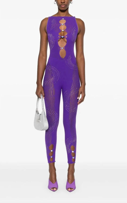 Twilight Purple Janice Jumpsuit mit Strass, ärmellosen Cutouts vorne