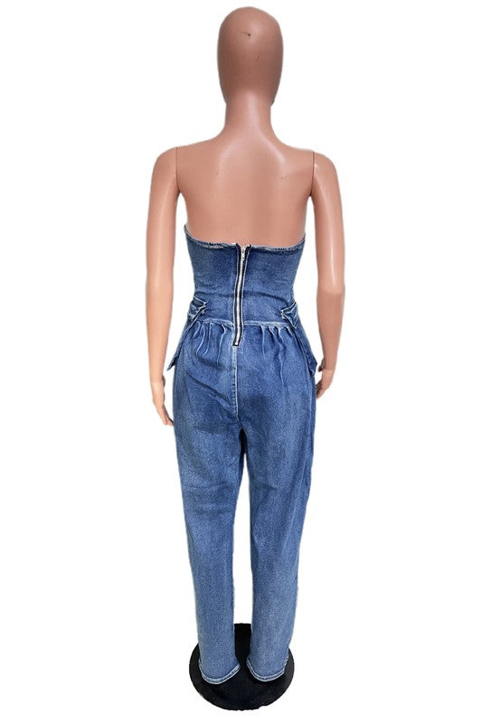 Back view on mannequin: navy denim strapless jumpsuit with center back zipper