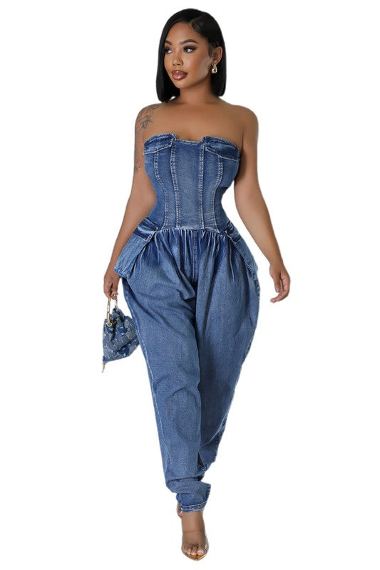 Navy strapless denim jumpsuit with corset bodice and gathered peplum waist