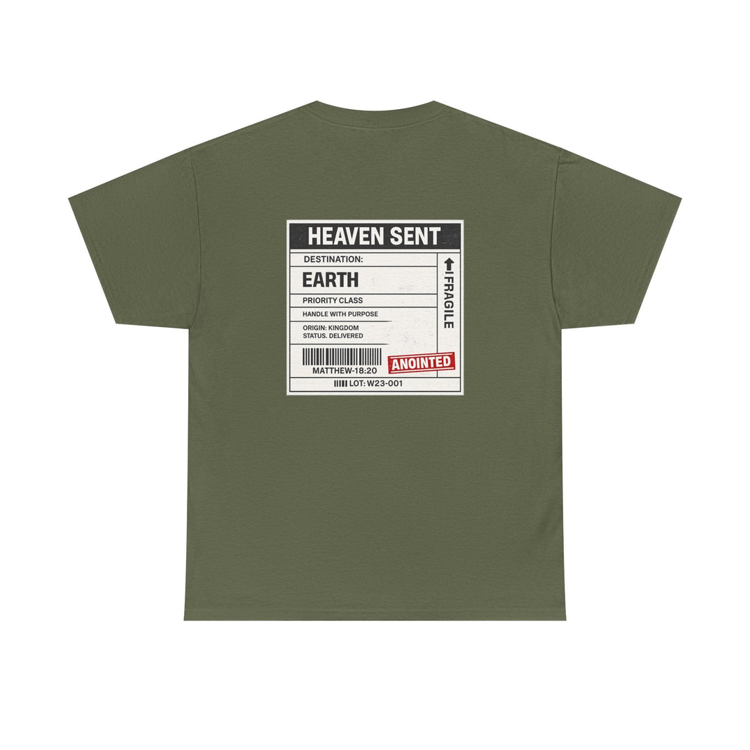 Olive green T-shirt with back box label &