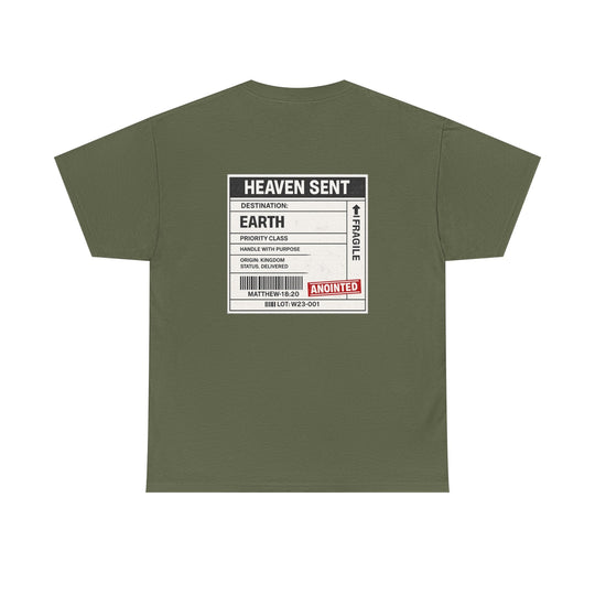 Olive green T-shirt with back box label &