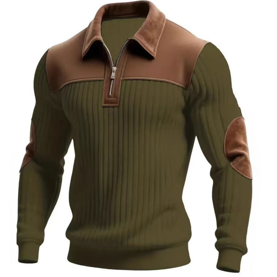 Patchwork-Strickpullover mit Reißverschluss, khaki/grün und braune Einsätze