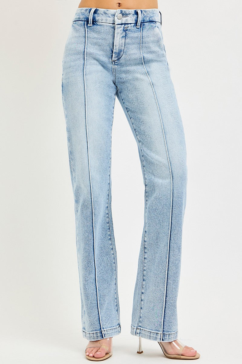 Light-wash high-rise straight jeans with front pintuck seams and button closure