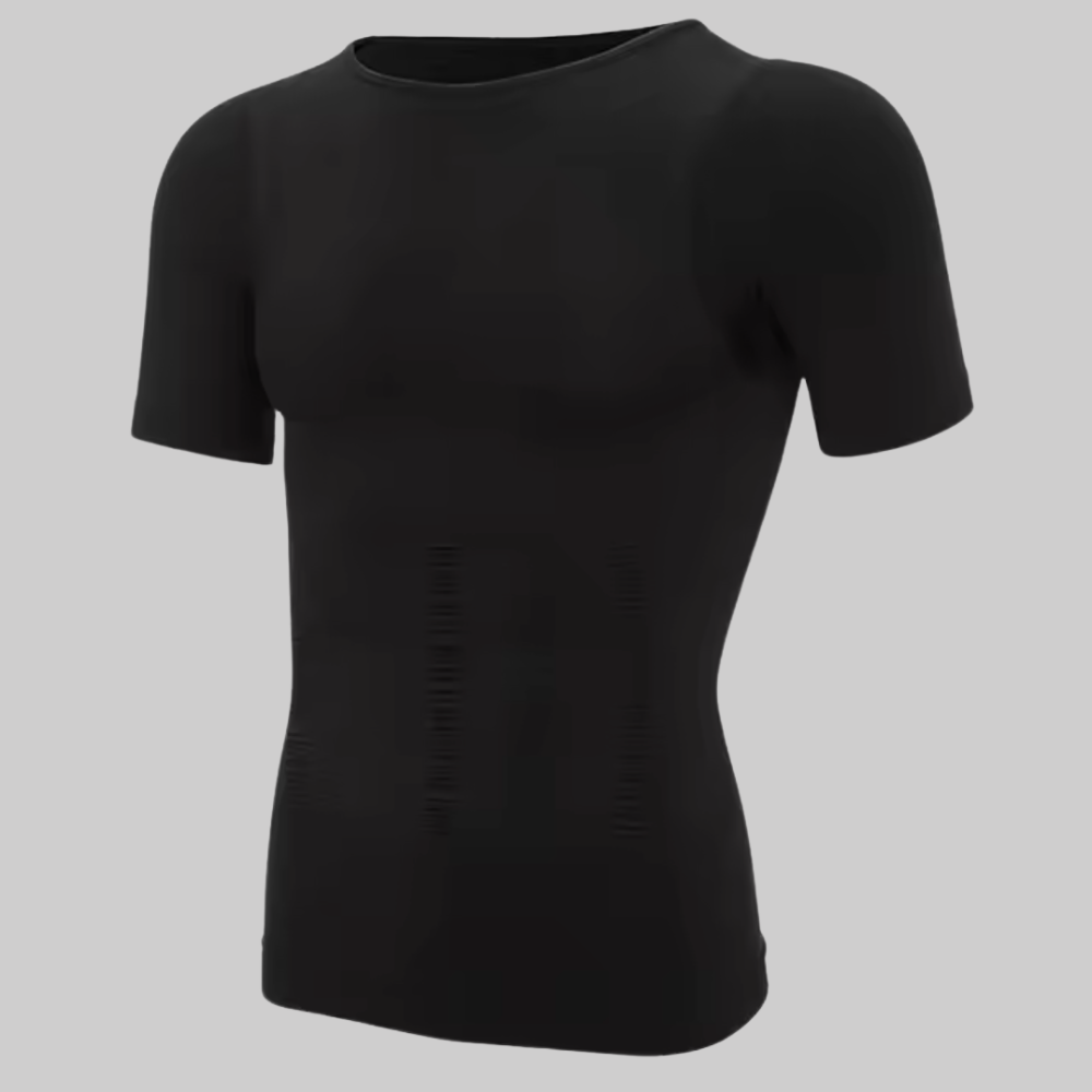 Black compression T-shirt with cross-stitch waist shaping panels