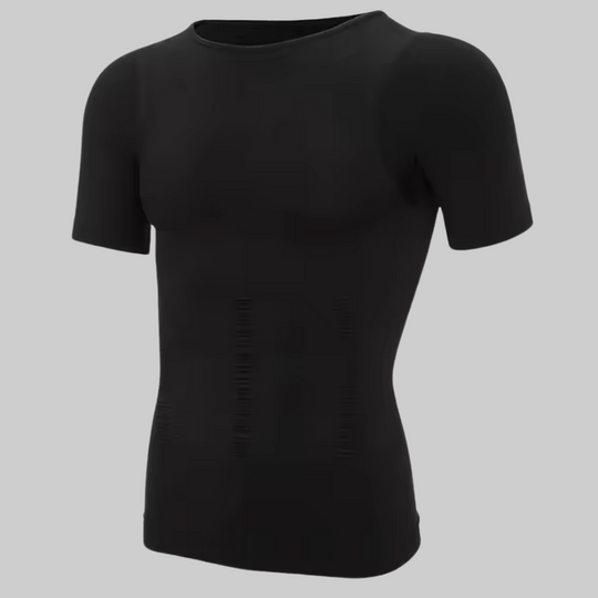 Black compression T-shirt with cross-stitch waist shaping panels