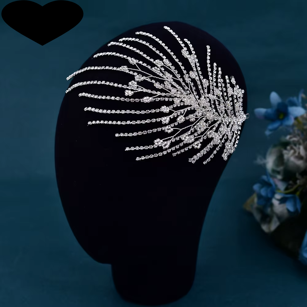 Silver crystal rhinestone tiara headband with radiating fringe arcs
