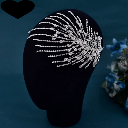 Silver crystal rhinestone tiara headband with radiating fringe arcs