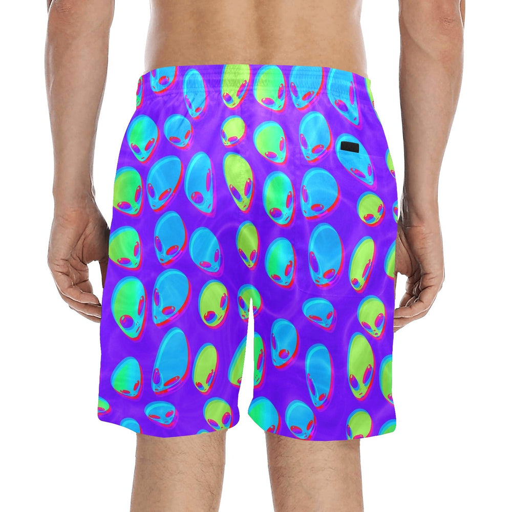 Back view purple alien swim shorts with multicolor alien pattern and small logo