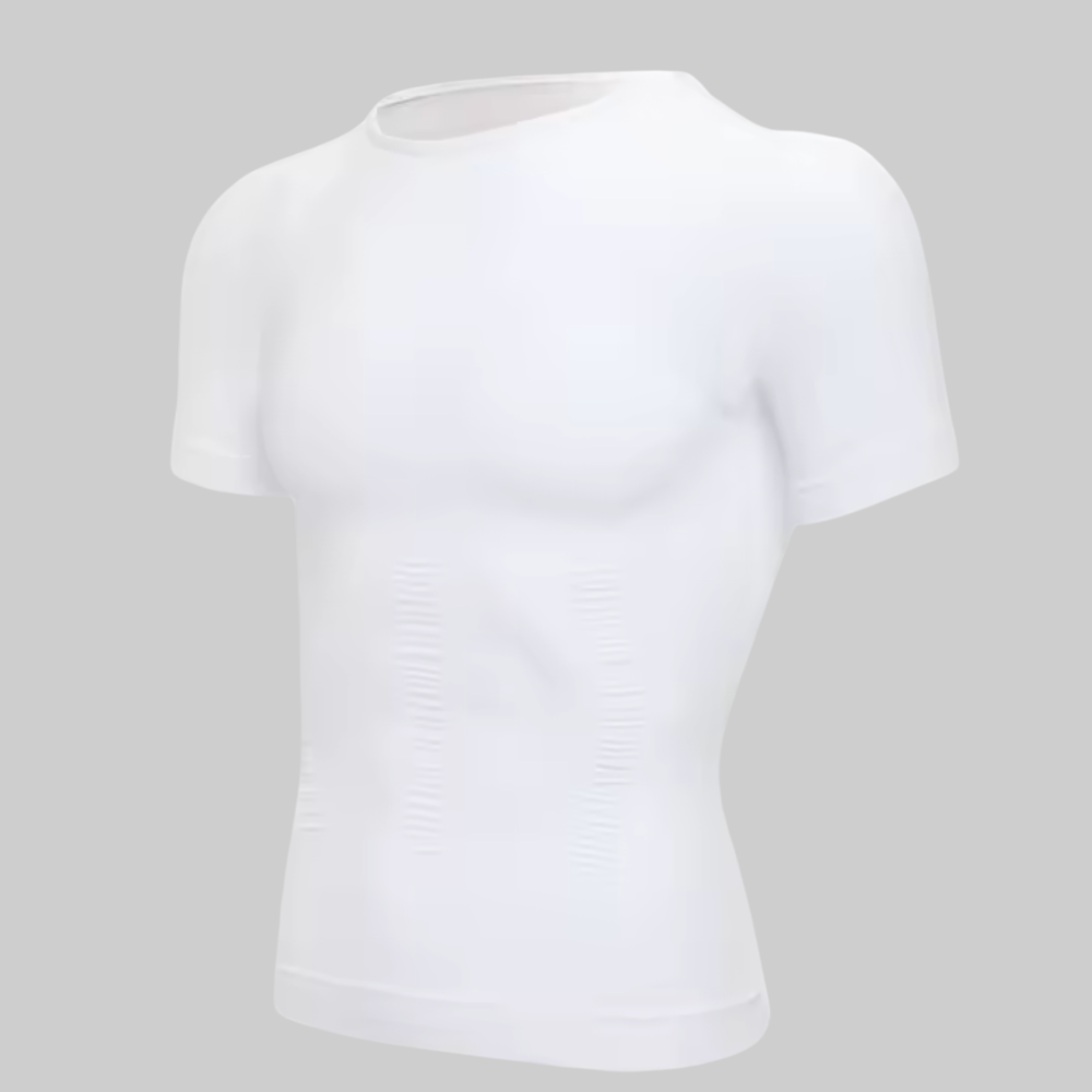 White compression T-shirt with ribbed cross-compression panels at torso