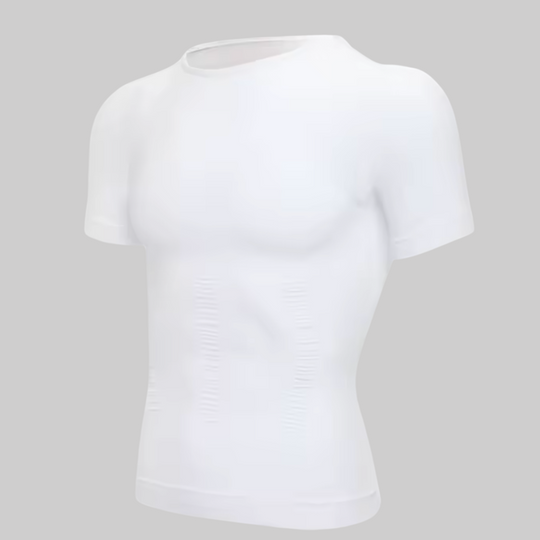 White compression T-shirt with ribbed cross-compression panels at torso