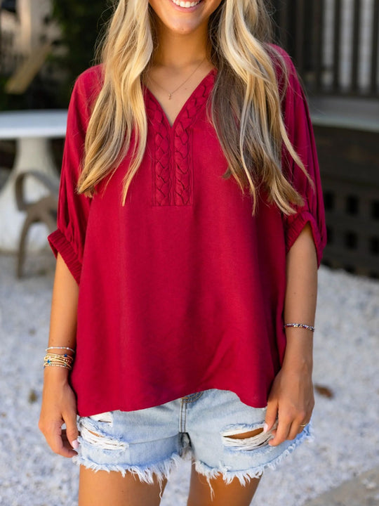 Deep Red half-sleeve blouse with V-neck and braided embroidery center placket