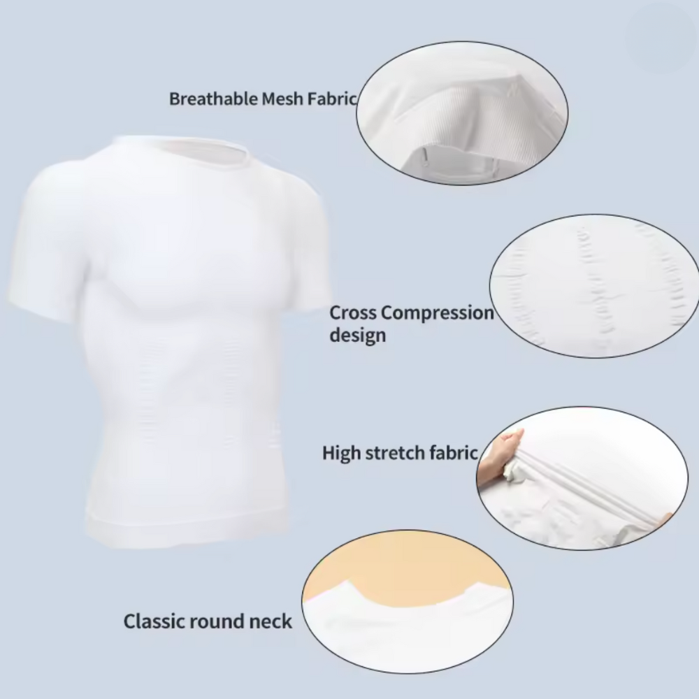 White compression T-shirt highlights: breathable mesh, round neck, high-stretch fabric