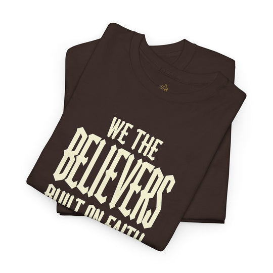 We The Believers dark brown crew-neck T-shirt with white “We the believers” print