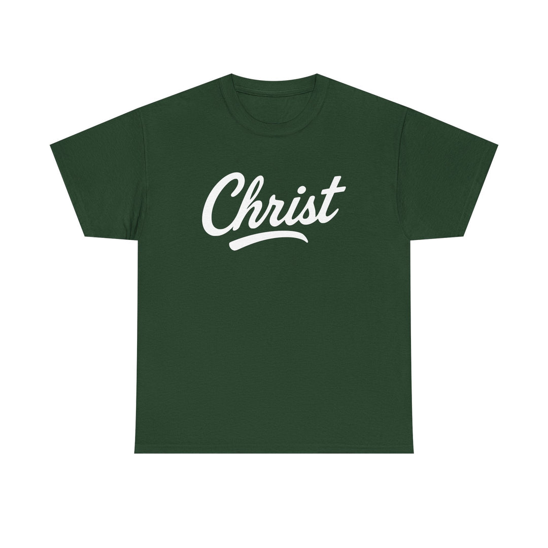 Dark green unisex T-shirt with "Christ" script graphic on front