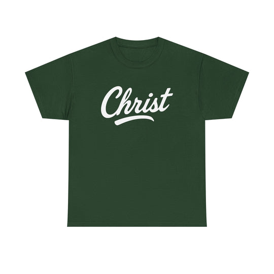 Dark green unisex T-shirt with "Christ" script graphic on front