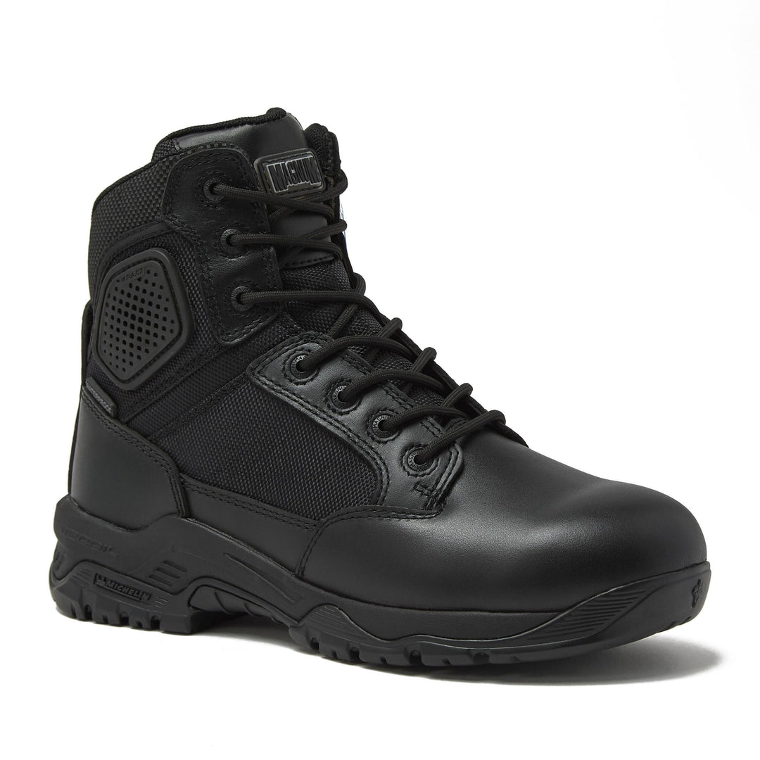 Black 6-inch waterproof lace-up boot with padded collar and side ankle panel