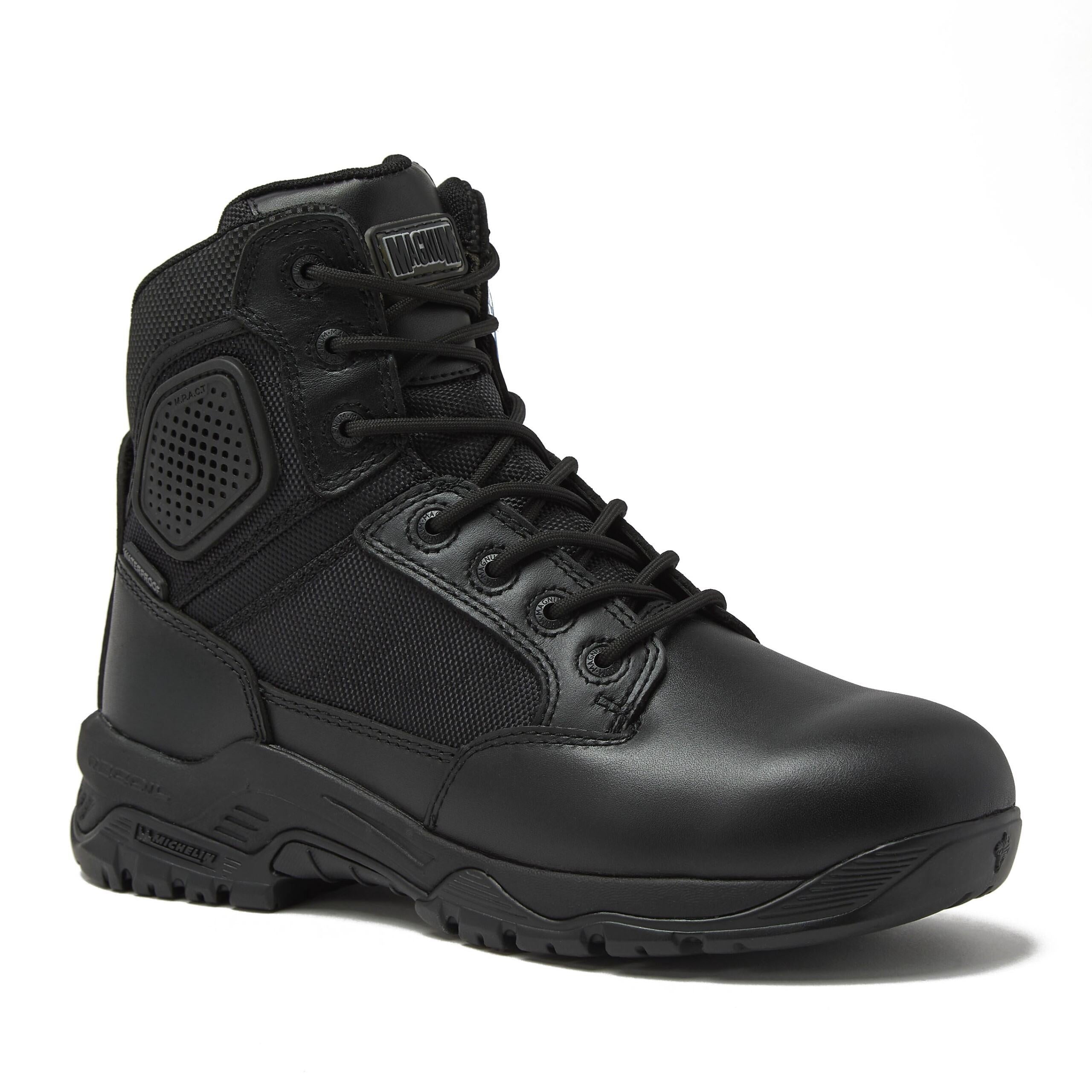 Black 6-inch waterproof lace-up boot with padded collar and side ankle panel
