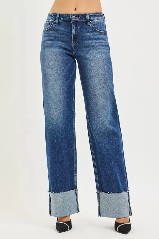Dunkelblaue Mid-Rise Wide-Straight-Jeans mit weitem Umschlag, Knopf- und Reißverschluss