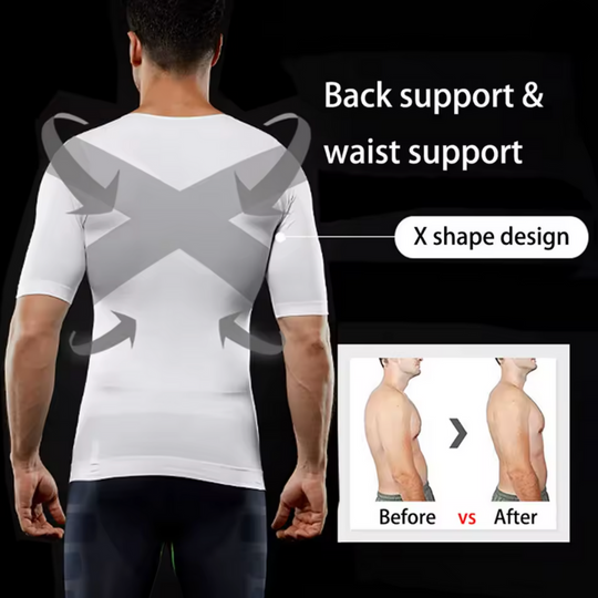 White compression T-shirt, back view with X-shape support and waist contouring