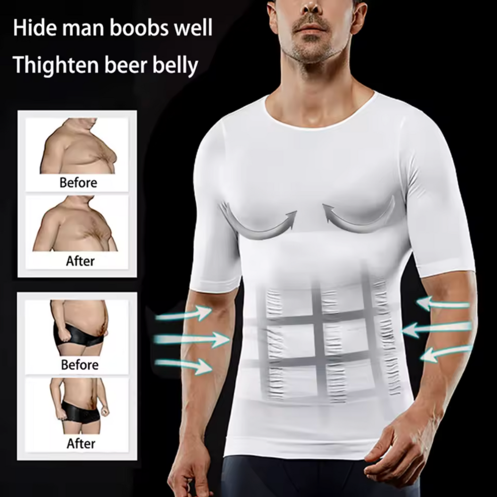 White compression T-shirt on model with sleeves and structured abdominal shaping