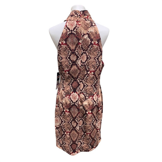 Back view: snake-skin print sleeveless crossover sheath dress, brown-orange camo