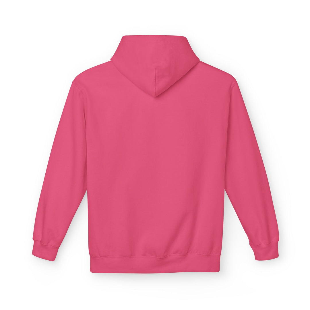 Pink/red pullover hoodie with front hood and kangaroo pocket, plain sweatshirt.