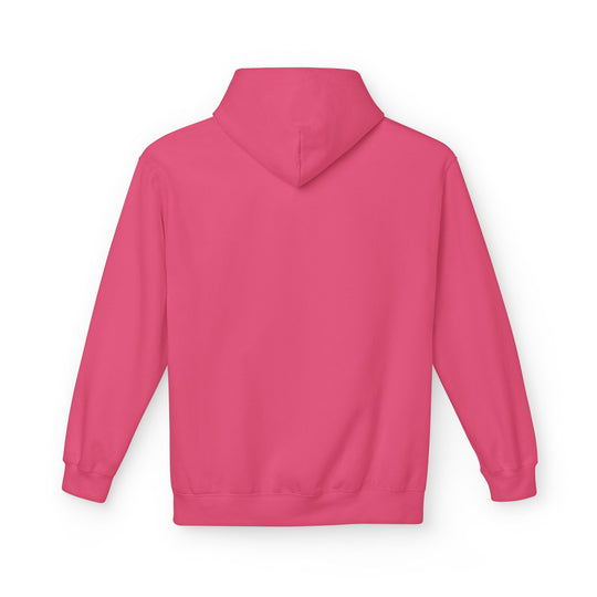 Pink/red pullover hoodie with front hood and kangaroo pocket, plain sweatshirt.