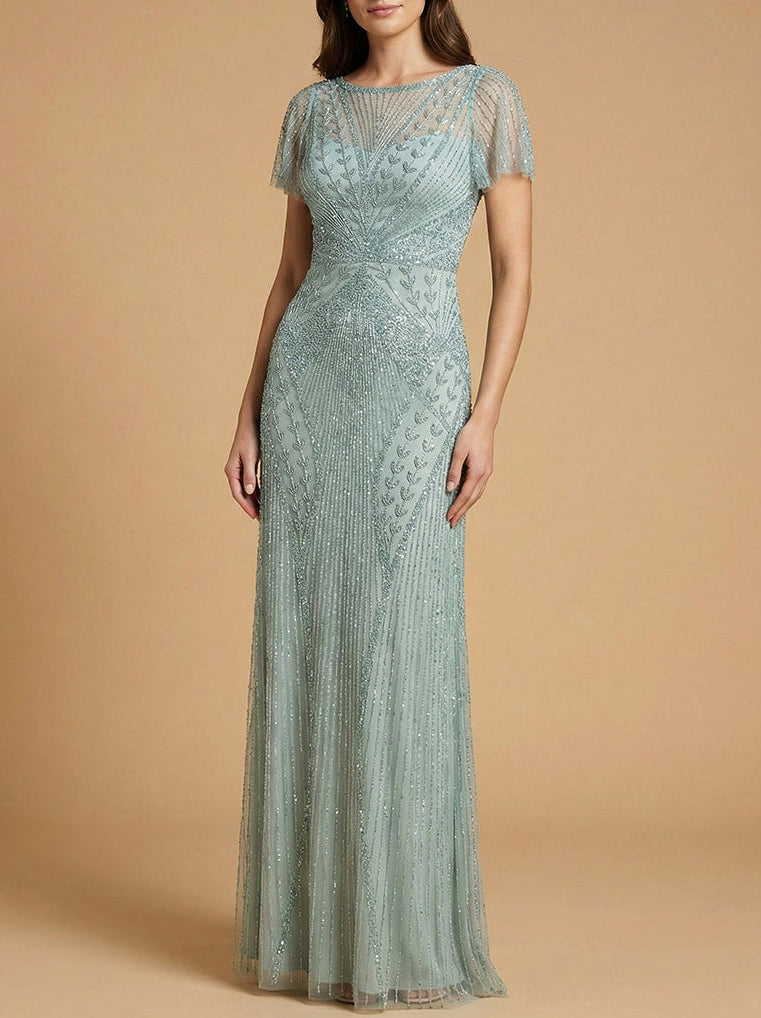 Dusty green beaded flutter sleeve gown, sheer sleeves and column skirt
