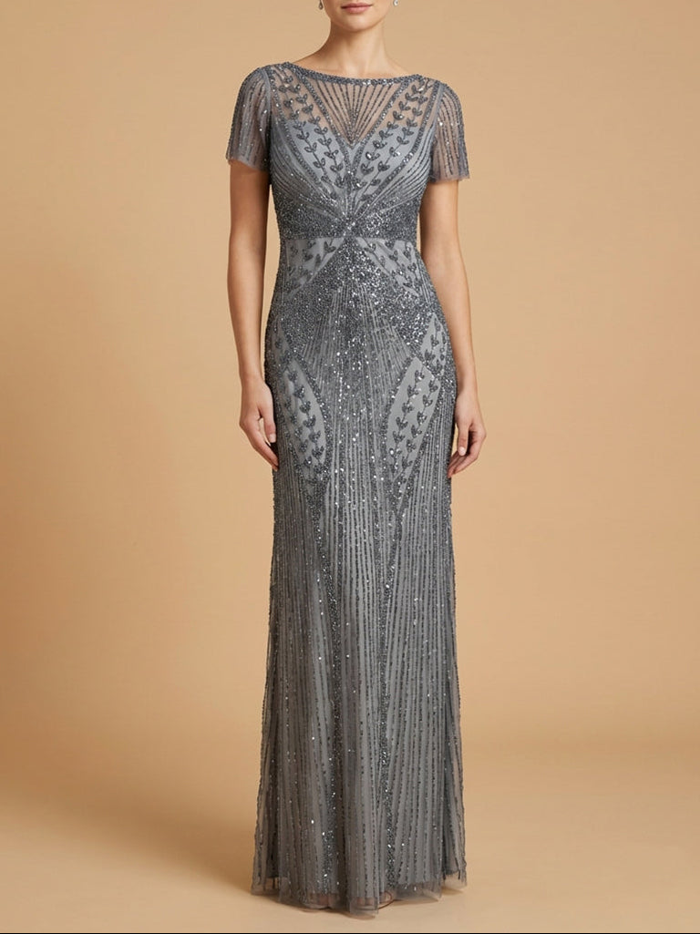 Mid Grey beaded flutter sleeve gown with V-neck and fitted waist