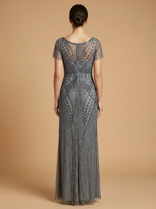 Mid Grey beaded flutter sleeve gown back view, sheer mesh yoke