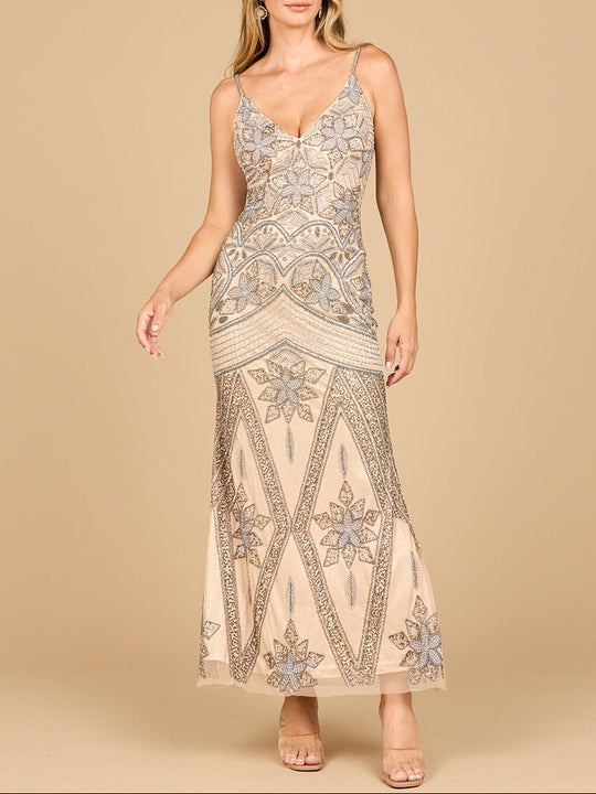 Beaded V-neck fitted gown, nude multi geometric pattern, spaghetti straps