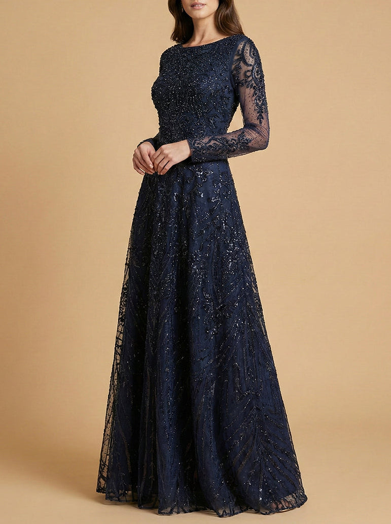 Navy long sleeve high-neck gown with sheer lace sleeves and full skirt
