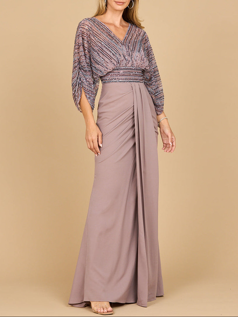 Dusty Purple draped skirt gown with V-neck sequined cape sleeves