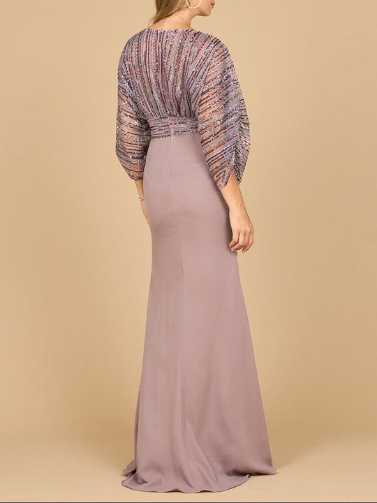 Dusty Purple evening gown with draped skirt and sequined cape sleeves, back view