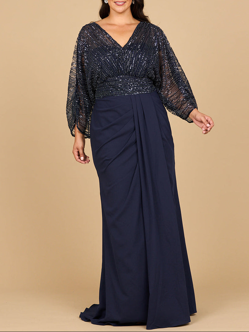 Navy draped skirt gown with V-neck sequined cape sleeves