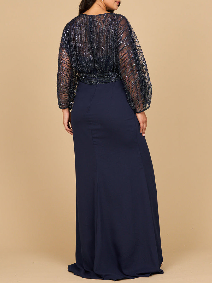 Navy evening gown with draped skirt and sequined cape sleeves, back view
